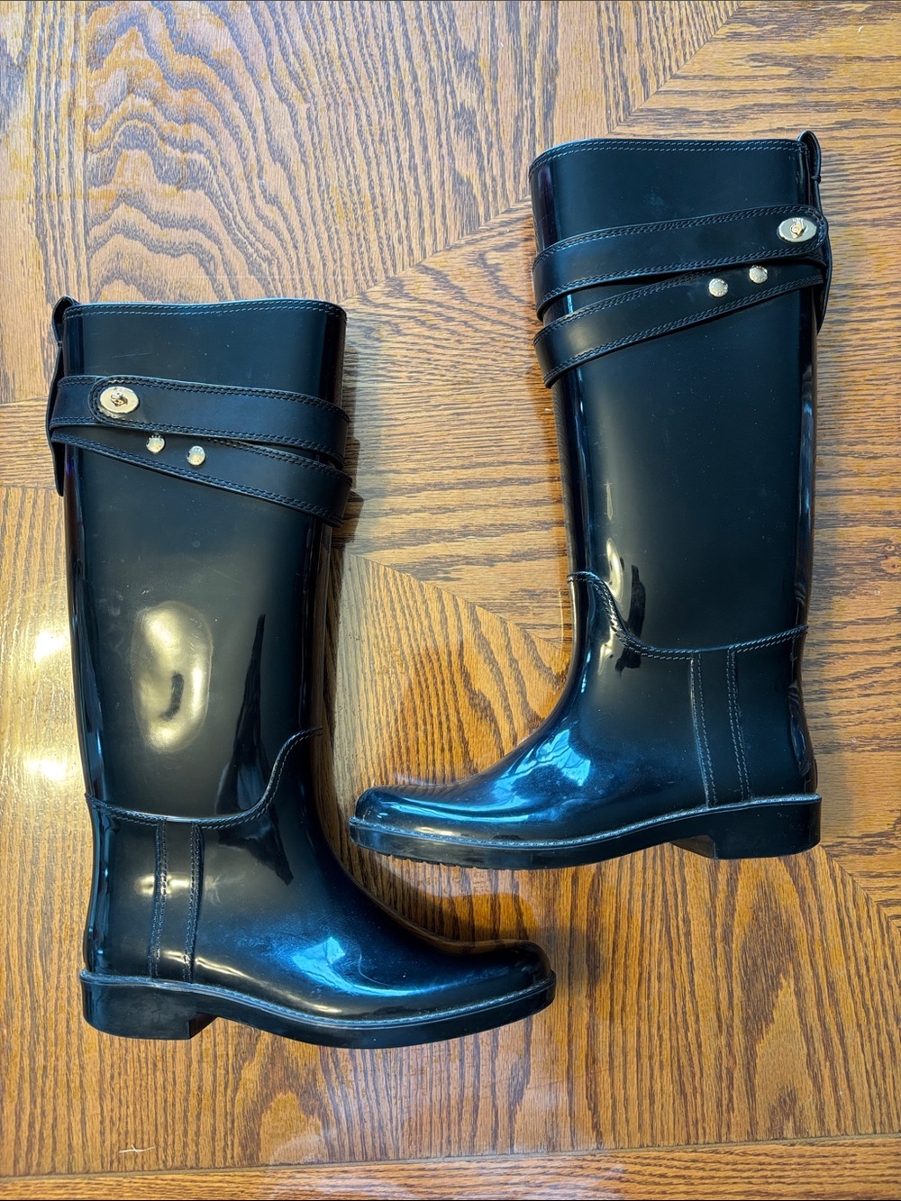 Coach Black Glossy Tall Boots with Strap Detail